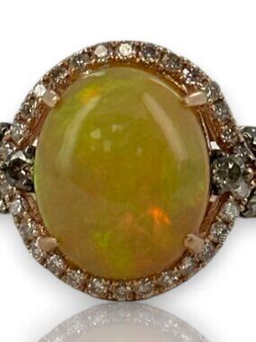 LeVian 14kt Rose Strawberry Gold Ring Fire Opal Diamond Halo Size 7